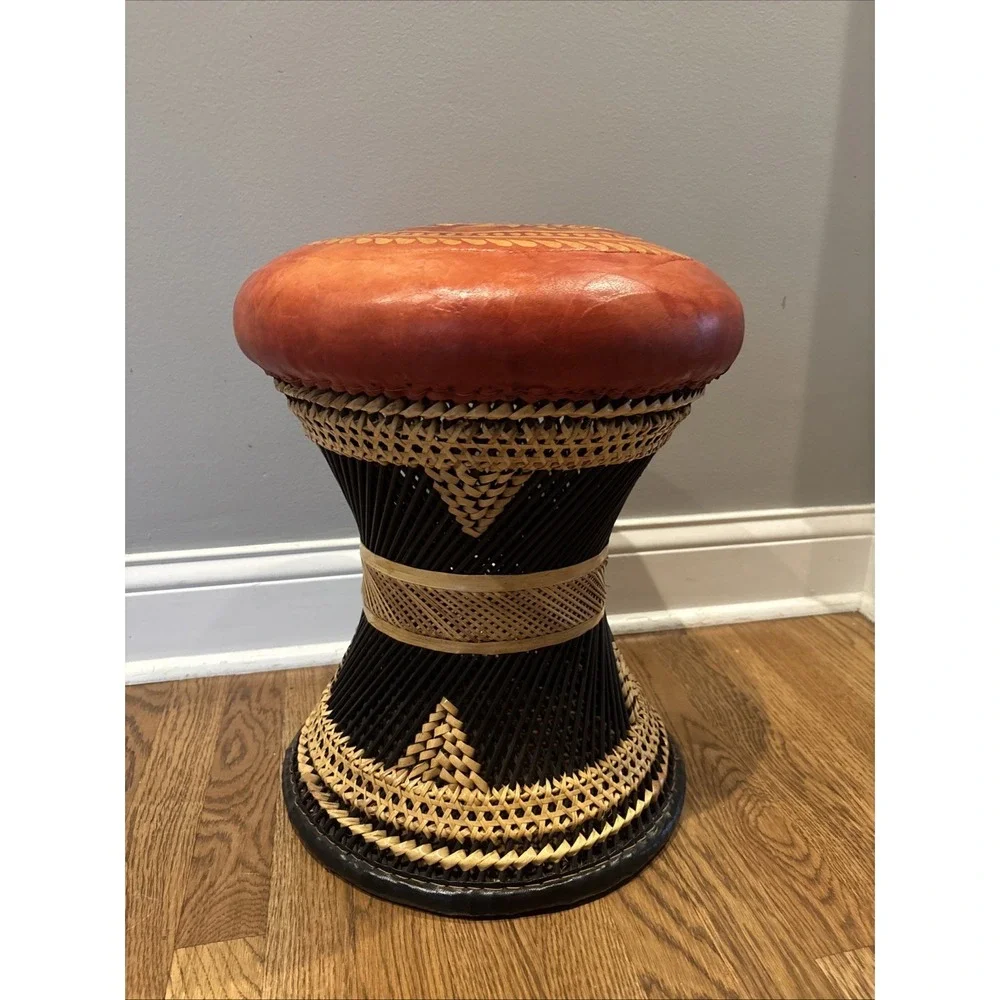 Pier 1 Leather Wicker Rattan BOHO Ottoman Stool Chair